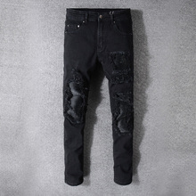 Pantalones vaqueros elásticos de algodón para hombres, Jeans de moda de alta calidad, Color negro, rasgados para hombres, diseño de retales, Hip Hop, Punk 2024 - compra barato