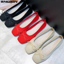 TINGHON  Women Slip On Flat Loafers Square Toe Shallow Ballet Flats Shoes knitting Casual Flat Shoes Ballerina knot Flats 2024 - buy cheap