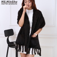 Knitted Mink Fur Shawl Fashion Pashmina Wraps Real Mink Fur Scarf  Autumn Winter Women Poncho Luxury Fur Shawl Female 2024 - buy cheap
