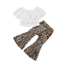 2018 Fashion New Toddler Kids Girl Summer Off shoulder White Lace Tops Shirt+Leopard Flare Pant Bell-bottom 2PCS Clothing Set 2024 - buy cheap