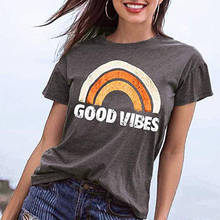 Women Letter Good Vibes Print Shirts Vintage Graphic Rainbow T Shirt Short Sleeve Funny Tees Summer Casual Cute Tee Tops Clothes 2024 - buy cheap