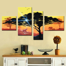 Exquisite Landscape Oil Painting Group 4 Panel Beautiful Grasslands in Africa Hand Painted Elephant Wall Decor Canvas Painting 2024 - buy cheap