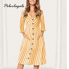 Summer vestidos autumn 2018 Women Striped V-neck button wild pocket Long sleeve Retro Dress robe vestido de festa casual dress 2024 - buy cheap