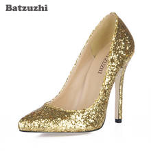 Batzuzhi Luxury Italian Style Shoes Women Pointed Toe 12CM High Heels Gold Bling Sequins Sexy Ladies Shoes for Party and Wedding 2024 - buy cheap
