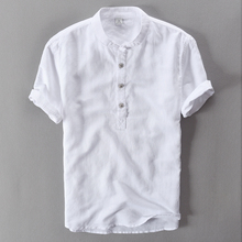 Camisa de lino y algodón para hombre, ropa informal de marca, color blanco sólido, a la moda 2024 - compra barato