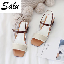 Salu women Sandals white blue Color square Heel Summer Shoes Women Leisure Genuine Leather High Quality Footwear 2024 - buy cheap
