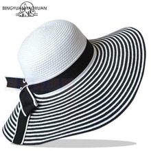 BINGYUANHAOXUAN Hot Sale Fashion Wind Black White Striped Bowknot Sun Summer Hat Lovely Women Straw Beach Hat Hat Wide-Brimmed 2024 - buy cheap