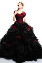 Vintage Black And Burgundy Red Gothic Wedding Dresses With Jacket Two Tones Puffy Ball Gown Tiered Organza Colorful Bridal Gowns 2024 - buy cheap