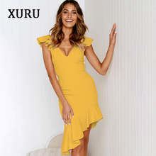 XURU 2020 spring new dress sleeveless Slim sexy ruffled dress V-neck irregular dresses 2024 - buy cheap