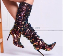 Bling Bling Sequined Thin High Heel Boots Shining Paillette Pleated Mid Calf Boots Colorful Fashion Sparkling Nigh Club Shoes 2024 - buy cheap