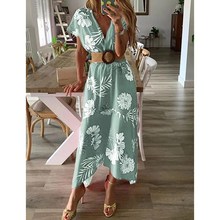 2019 Casual Women Flower Print V Neck Long Dress Women Summer Elegant A Line Maxi Wrap Sundress Vintage Boho Party Beach Dresses 2024 - buy cheap