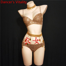 Nightclub Bar Late-night Show Model DJ DS Pole Dance Stage Wear Sparkling Rhinestone Bra Underpants Bikini Set Suit Garments 2024 - buy cheap