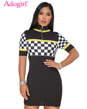 Adogirl Hot Sexy Women Racing Apparel Plaid Plus Size Women Summer Dress Zipper Up Short Sleeve Bodycon Mini Club Dress Vestidos 2024 - buy cheap