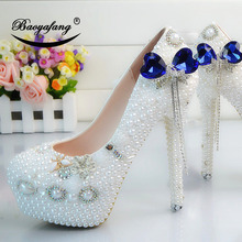 2019 New arrival Womens wedding shoes white pearl Bridal party dress shoes blue butterfly-knot Woman High heels platform shoe 2024 - buy cheap