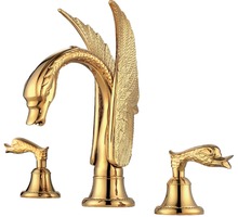 Navio livre 3 pcs da Cor do Ouro cisne torneira da pia generalizada lavatory bacia toque mixer New Deck montado 27 Cm de altura bico 2024 - compre barato