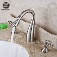Goose Neck Bathroom Brushed Basin Sink Faucet Dual Handles Widespread Washbasin Mixer Taps 2024 - buy cheap