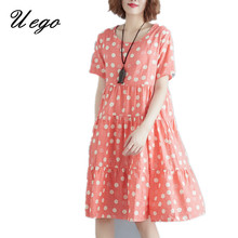 Uego Fashion Print Dot Sweet Girl's Dress Soft Cotton Linen Short Sleeve Loose Summer Dress Plus Size Women Casual Party Dress 2024 - buy cheap