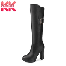 KemeKiss/женские ботинки на высоком каблуке размера плюс 33-46 Зимняя обувь на меху сапоги до колена сапоги на платформе с металлической пряжкой женская обувь 2024 - купить недорого