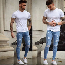 Fashion Men Solid Ripped Skinny Biker Zipper Fly Jeans Destroyed Hole Frayed Slim Fit Denim Pencil  Pants 2024 - buy cheap