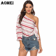 Blusa de rayas con un hombro descubierto para mujer, blusa Sexy a la moda con mangas abullonadas, blusas informales con volantes y Espalda descubierta, ropa elegante para verano 2024 - compra barato