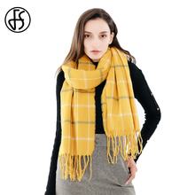 FS Outono Inverno Amarelo Xadrez Cachecol Mulheres Lenços de Cashmere Grande Longo Cobertor Quente Xales E Wraps Com Borlas 2024 - compre barato