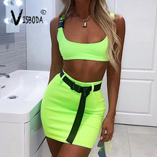 Women 2 Pieces Sets Sexy Buckle Bralette Tank And Skirt With Belt Fashion 2019 Summer Ladies Neon Pink Cropped Top Dress Suit 2024 - buy cheap