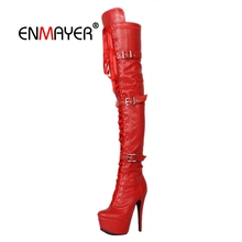 Женские сапоги выше колена ENMAYER, зимняя обувь, высокие сапоги до бедра, большой размер 32-43, кожаные модные сапоги на молнии CR2029 2024 - купить недорого