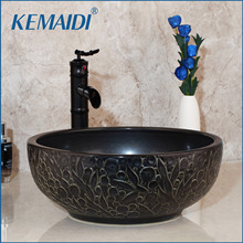 KEMAIDI Bathroom Sink Washbasin Ceramic Lavatory Bath Brass Set Faucet Mixer Black ORB Tap Bamboo Waterfall Basin Taps 2024 - buy cheap