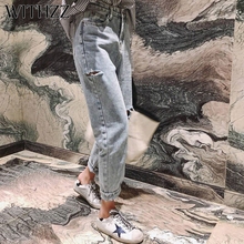 Costura jeans feminino cintura alta com buracos, calça feminina folgada de algodão vintage 2024 - compre barato