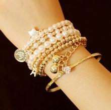 Conjunto de Pulseras y brazaletes Vintage de perlas de Torre Eiffel para Mujer, 6 unidades, joyería de diseño de moda multicapa, regalo para Mujer 2024 - compra barato