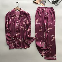 Conjuntos de pijamas de seda para hombre, ropa de dormir de manga larga con cuello vuelto, Pantalones estampados, para el hogar, 2019 2024 - compra barato