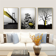 Pôster de parede, estilo nórdico, preto e branco, tela, ponte amarela, pedra, pintura de árvore, imagens modernas, minimalistas, para sala de estar 2024 - compre barato