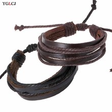 Pulseira fio vintage, bracelete de couro genuíno com duas cores, joias masculinas, joias com corda, pulseira punk 2024 - compre barato