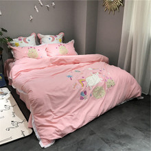 4pcs Luxury cotton bedding set pink duvet cover sets Cartoon style Embroidery Unicorn bed linen bedclothes 2024 - buy cheap