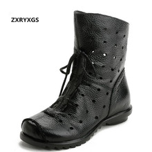 2022 New Summer Autumn Hollow Genuine Leather Boots Shoes Flat Riding Boots Breathable Soft Comfort Women Boots Fashion Shoes 2024 - buy cheap