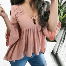 Women Blouses 2019 Solid Color Flare Three quarter Sleeve V-neck Lace Blouse Ladies Shirts Loose Plus Size Spring New Clothings 2024 - buy cheap