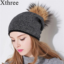 Xtrês chapéu de inverno feminino, gorro de malha de lã com pelo de vison verdadeiro, chapéu skullie para mulheres, chapéu para meninas 2024 - compre barato