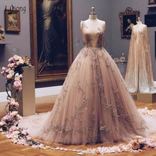 Pretty Vintage Champagne Embroidery Prom Dresses 2018 A-line 3D Flower V-neck Evening Gowns 2018 Vestido De Festa Longo 2024 - buy cheap