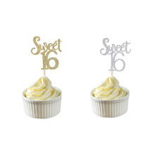 Decorações para festa de aniversário, decorações em ouro, prata e azul com glitter doce, 16 topos de cupcake, lembrancinhas, escolhas de bolo, q, 10 peças 2024 - compre barato
