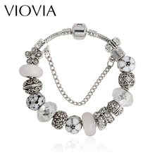 VIOVIA Antique Silver Color Bracelets For Women White Flower Rhinestone Glass Beads Fit Fashion Jewelry Gift for Women B15262 2024 - buy cheap