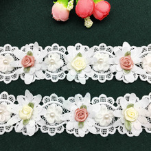 2 yd 3D Soluble Polyester Colorful Flowers Pearl Lace Trim Ribbon Fabric Embroidered Sewing Craft For Costume Hat Wedding Dress 2024 - buy cheap