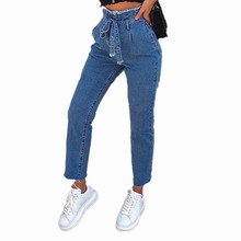 2019 Women Vintage Jeans High Waist Belt Stretch Skinny Denim Female Tassel Pencil Pant Slim Trouser Zipper Burr Full Pant 2024 - buy cheap