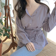 Blusa informal de manga larga para mujer, camisa elegante con cuello en V y cordones, 2020 de algodón liso 2024 - compra barato