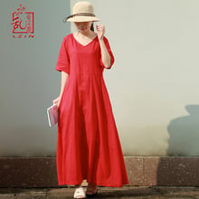 LZJN New Summer Maxi Dress Women Short Sleeve V Neck Robe Femme Slim Fit Cotton Linen Red Casual Tunic Dress 2024 - buy cheap