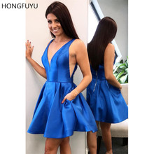HONGFUYU Ilusão Decote Em V Azul Royal Vestidos com Bolsos Robe De Cocktail Curto do Regresso A Casa Vestido de Festa A-line Prom Vestidos Feitos Sob Encomenda 2024 - compre barato