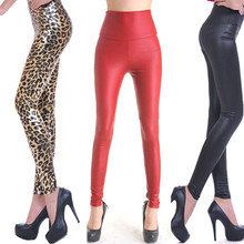 Calça legging de couro feminina cintura alta stretch slim preta azul vermelha rosa leopardo calças femininas da moda calça de couro pu 2024 - compre barato