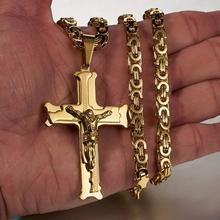 Collar de cruz de Jesús de oro de alta calidad para hombre, joyería de acero inoxidable, cadena bizantina, joya de crucifijo cristiano, regalo de Navidad 2024 - compra barato
