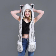 Faux Fur Hood Animal Hat For Men Women Ear Flaps Hand Pockets Animal Hood Hat Wolf Plush Warm Animal Cap with Scarf Gloves H3 2024 - buy cheap