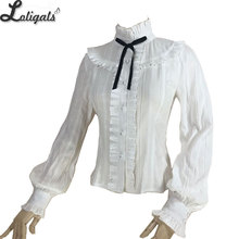 Красивая женская блузка в стиле Лолиты, белая/розовая блузка из жаккардового хлопка с длинным рукавом от Yiliya 2024 - купить недорого