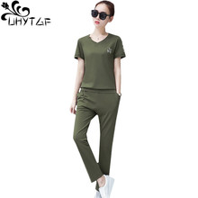 UHYTGF Loose M-4XL plus size sets women's Thin summer sportswear 2 piece set women Casual V Neck tops trousers Female suits 1368 2024 - buy cheap